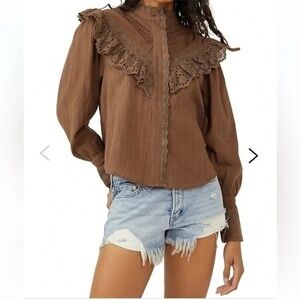 New Free People Hit The Road Brown Button Down Cotton Top Country Ruffles Small